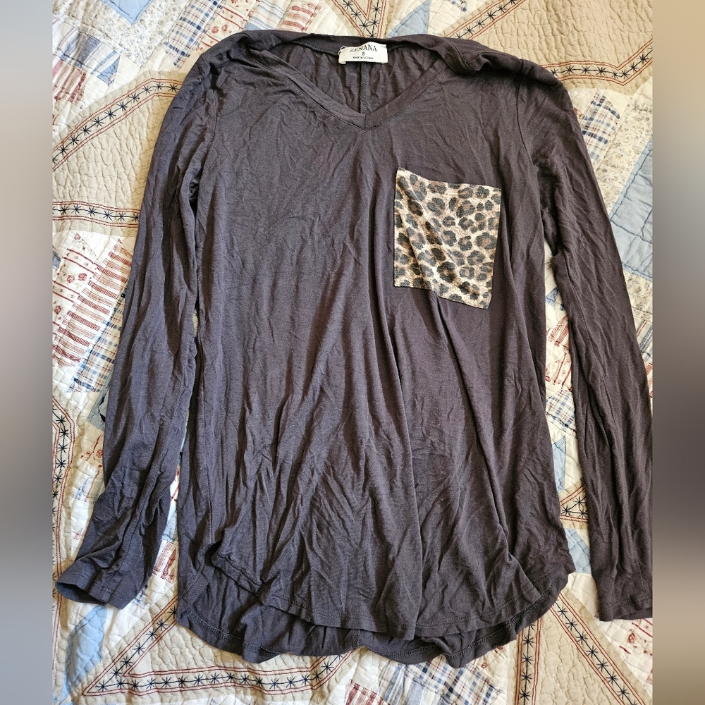 Anthropologie Gray Long Sleeve Top with Leopard Pocket